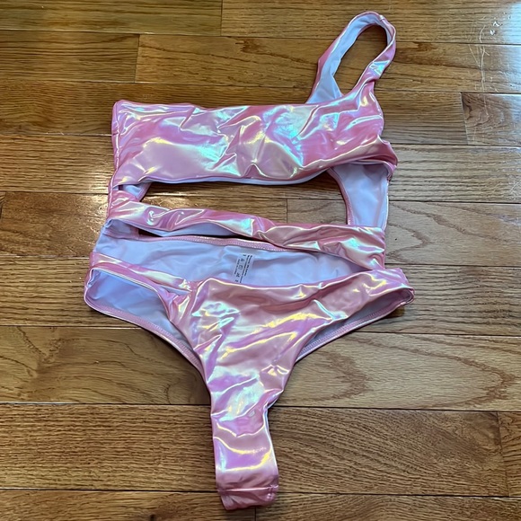 SHEIN Swim Shein Shiny Metallic Pink One Piece Bathing Swim Suit